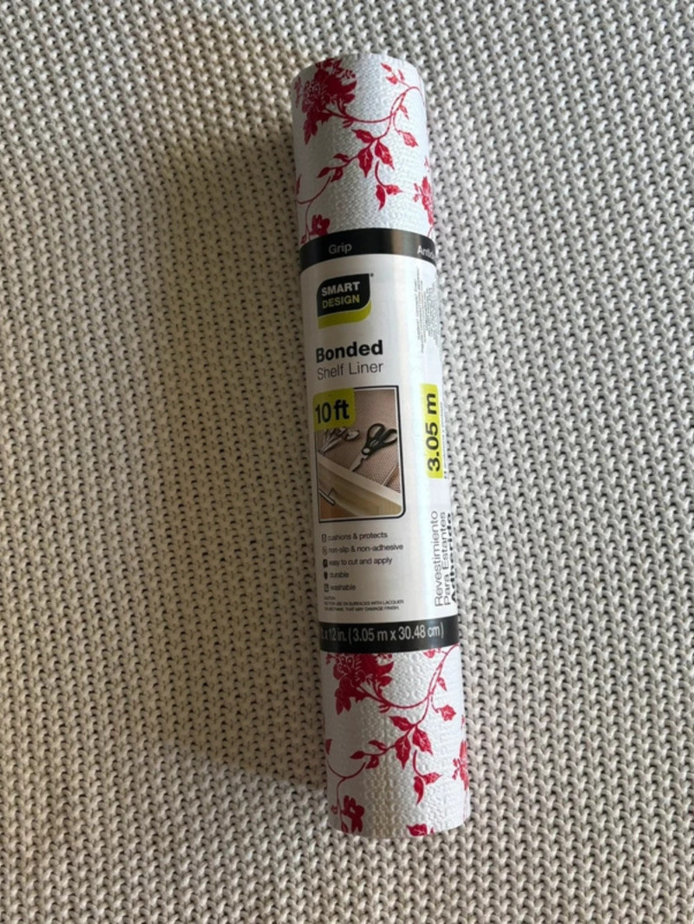Red Floral Bonded Grip Shelf Liner, 12" x 10' Roll
